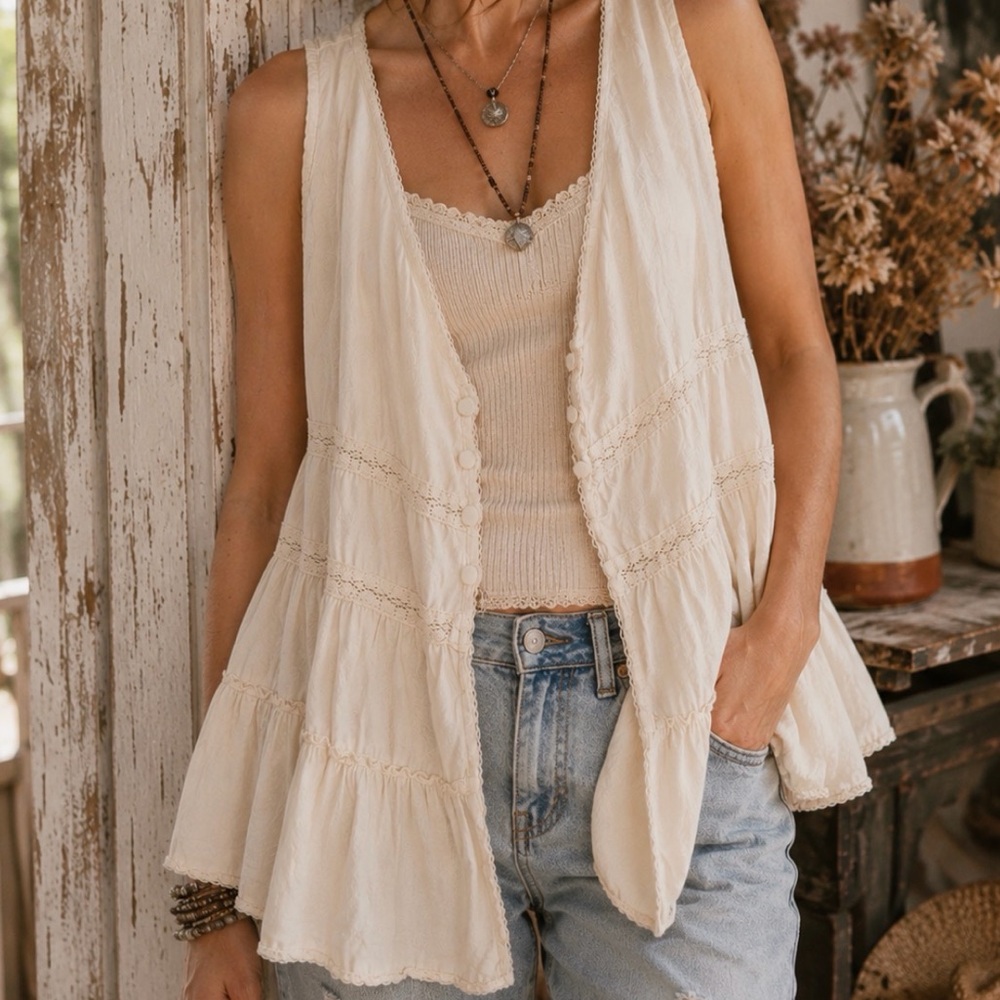 Vintage Decree Ivory Cotton M Tiered Ruffle Top Vest Cottagecore Festival Boho